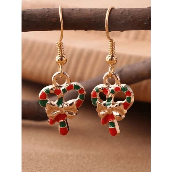 GOLD COLORFUL CHRISTMAS CANDY CANE BOW DANGLE EARRINGS - Picture 1 of 6